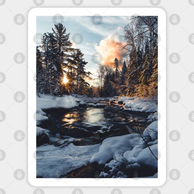 Nature's Symphony: Sunrise Unveils Snowy Stream's Renewal V2 Sticker by Family journey with God
